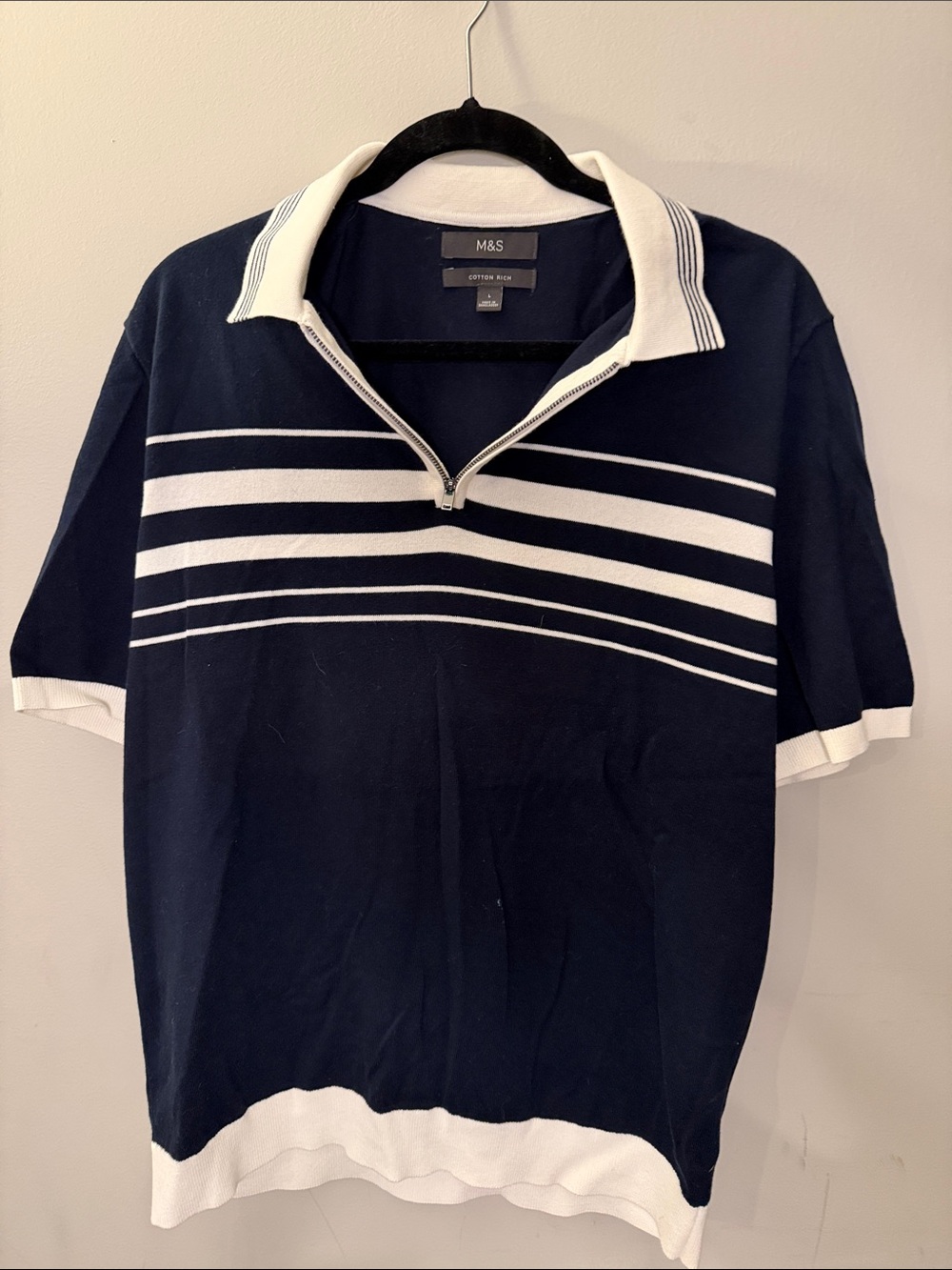 Navy & White Half-Zip Striped Polo
